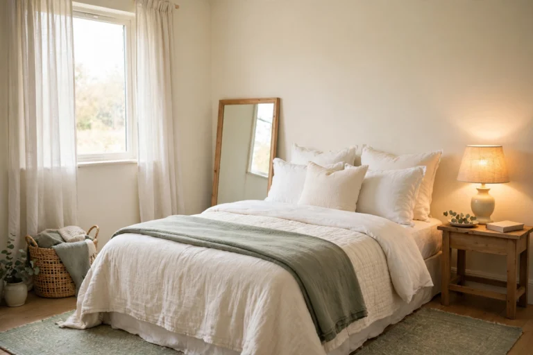 Cozy small bedroom with layered cream bedding, a sage green throw, a leaning mirror and a warm bedside lamp
