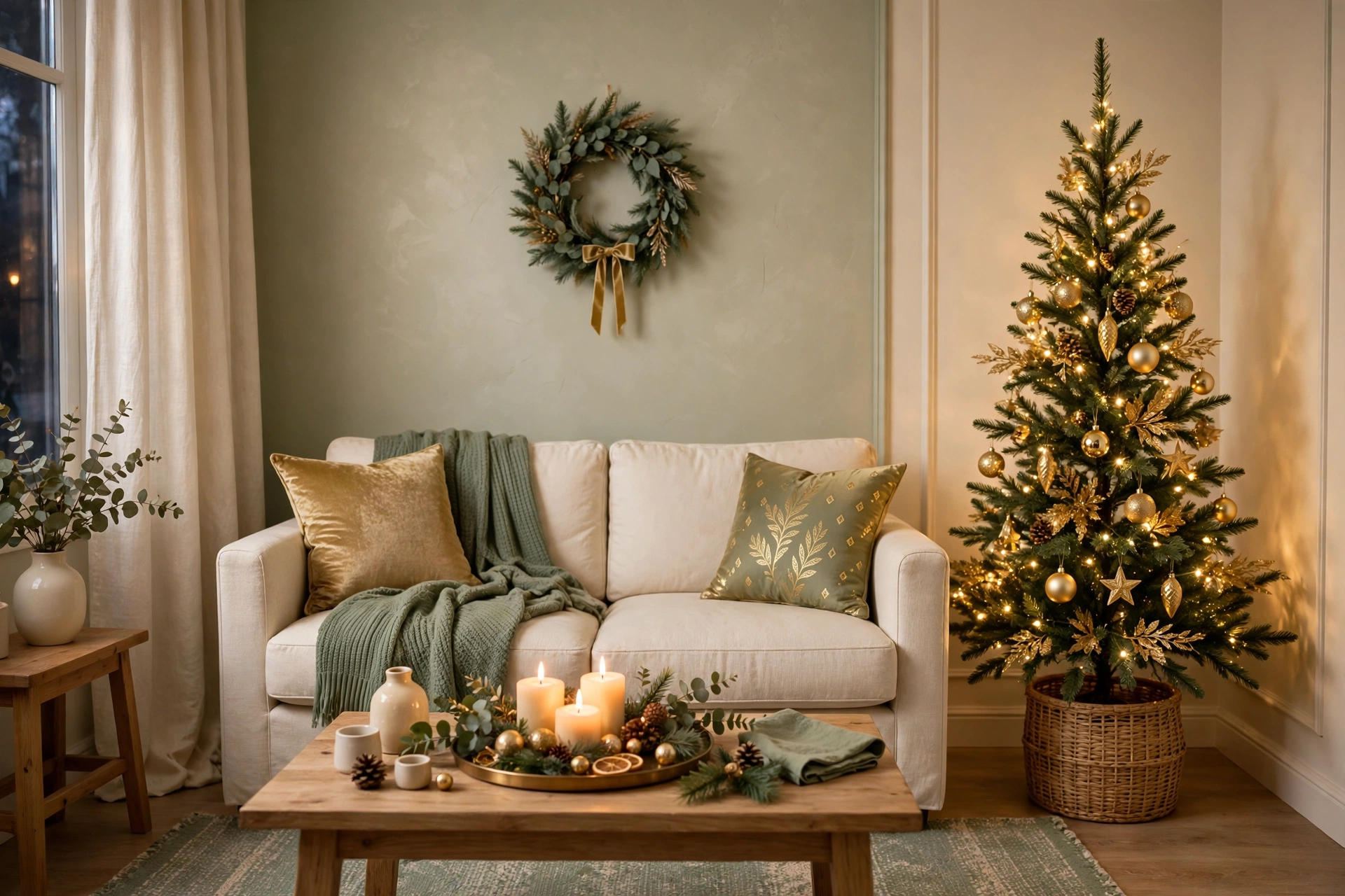 Small living room decorated for Christmas with a slim tree with gold ornaments, warm fairy lights, a wreath, candles and cream and sage cushions