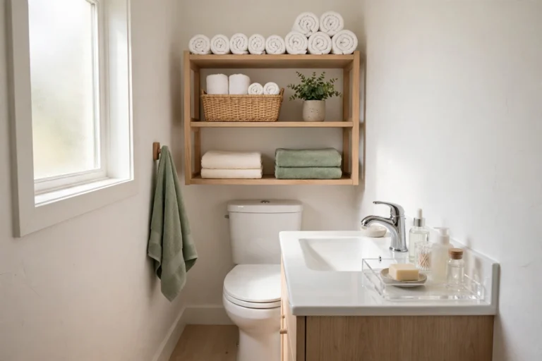 Small bathroom with a wooden over-toilet shelf holding rolled towels and a basket, sage green towels and a tidy vanity tray