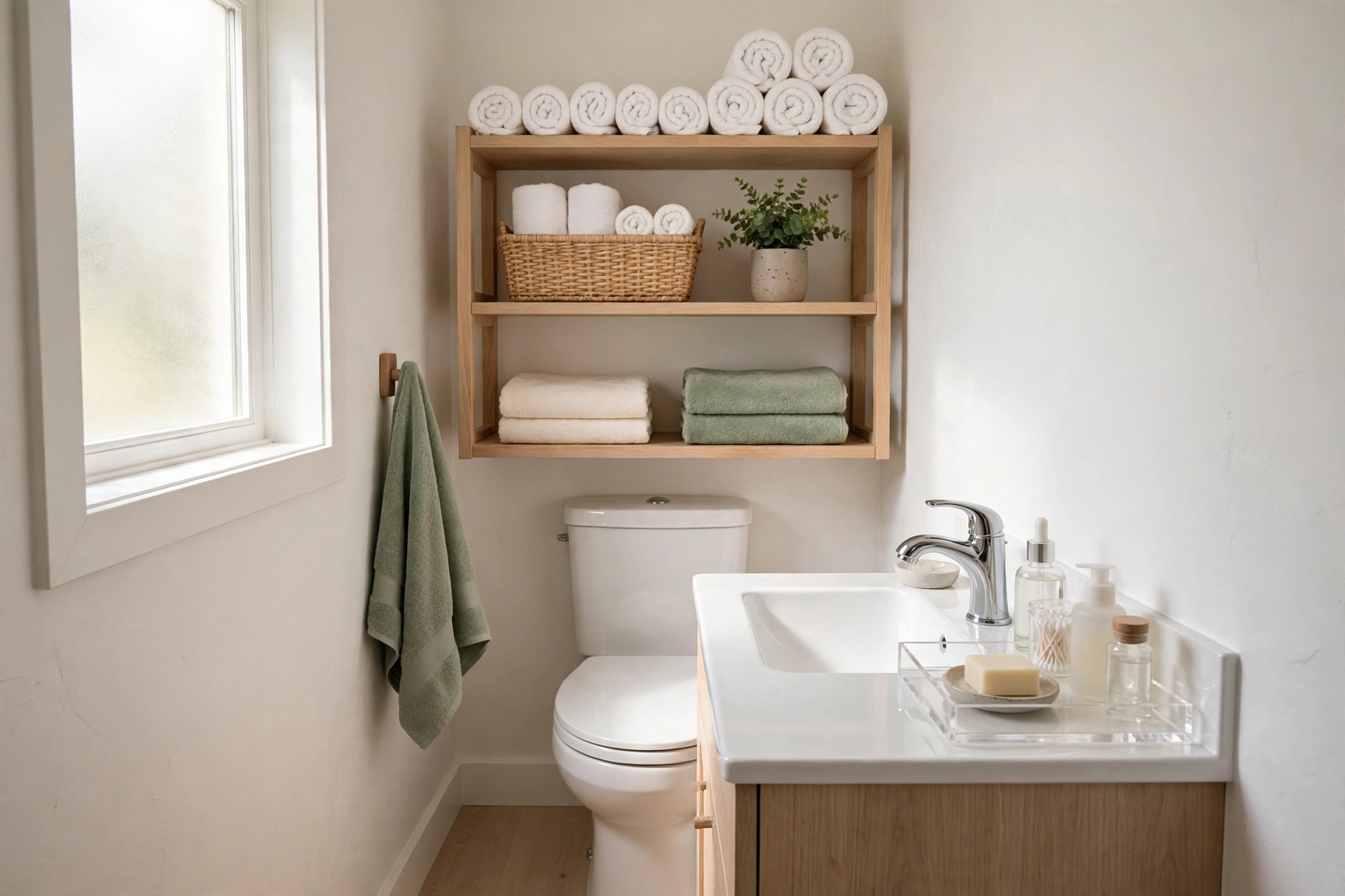 Small bathroom with a wooden over-toilet shelf holding rolled towels and a basket, sage green towels and a tidy vanity tray