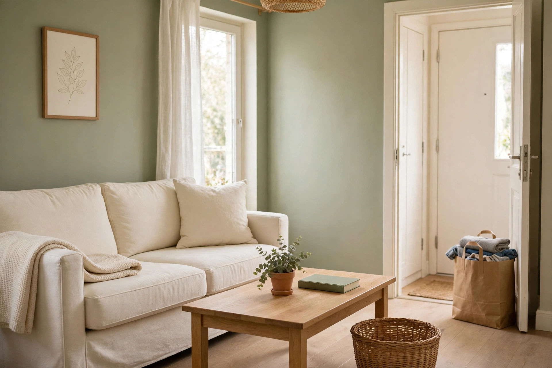 Calm decluttered small living room with a clear coffee table, cream sofa, sage walls and a donation bag by the door